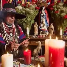 Altar espiritual con velas y figuras religiosas