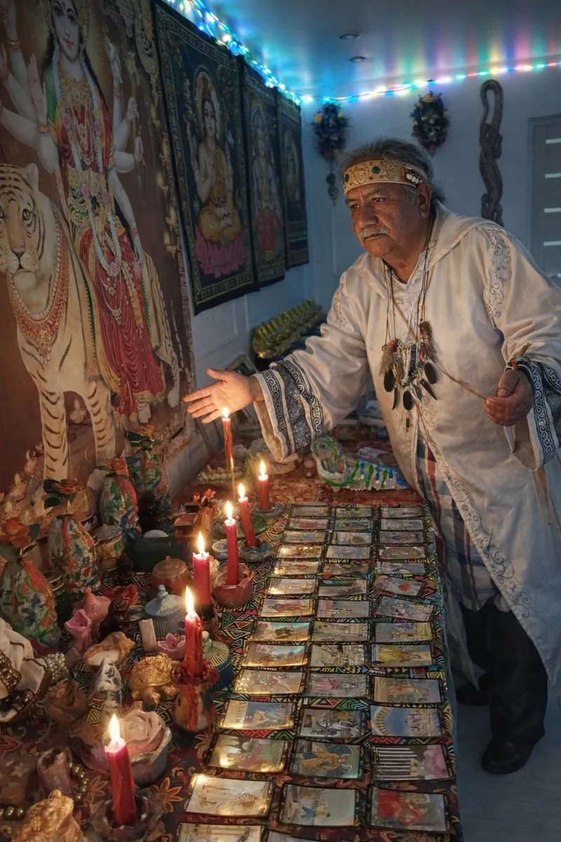Ritual ancestral con cartas, velas rojas y mesa ceremonial