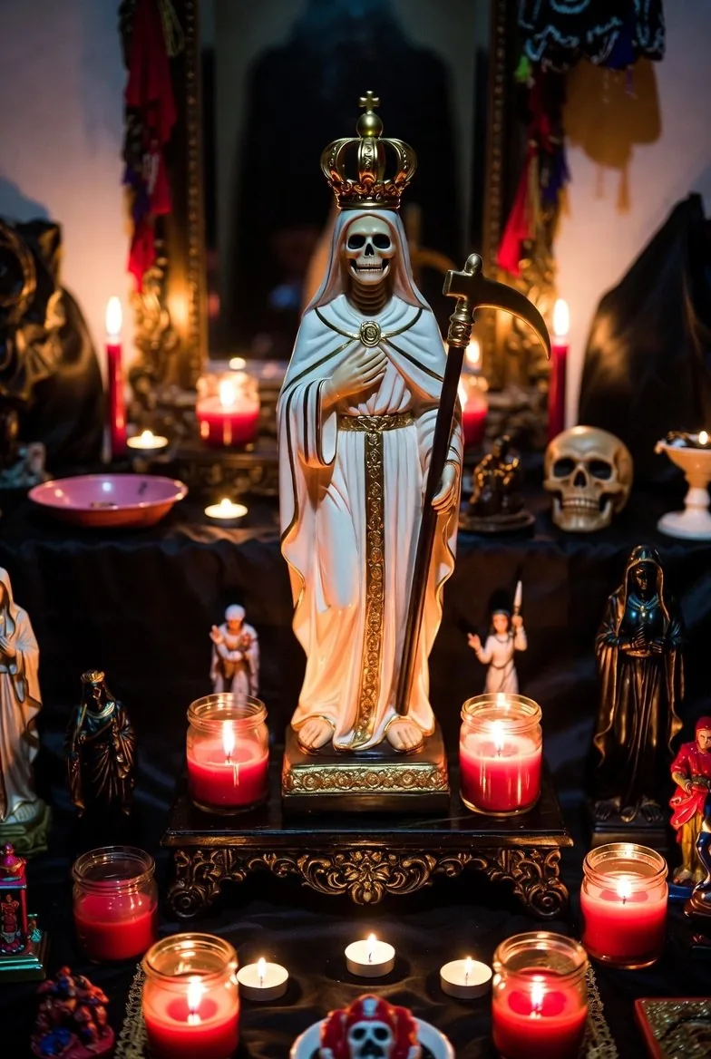 Santa Muerte en altar con velas rojas y elementos sagrados