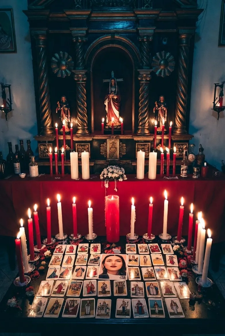 Altar de consulta espiritual con cartas, foto y velas